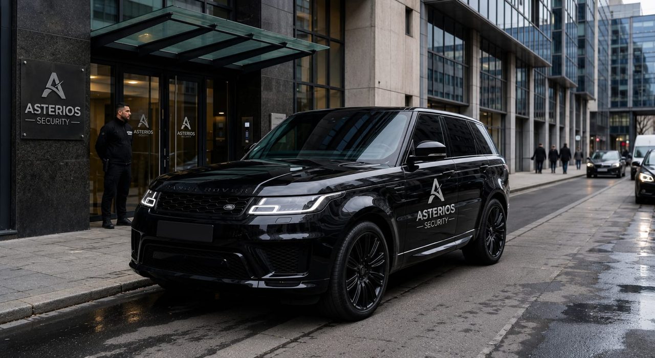 Range Rover Sport noir Astérios Security stationné devant un immeuble